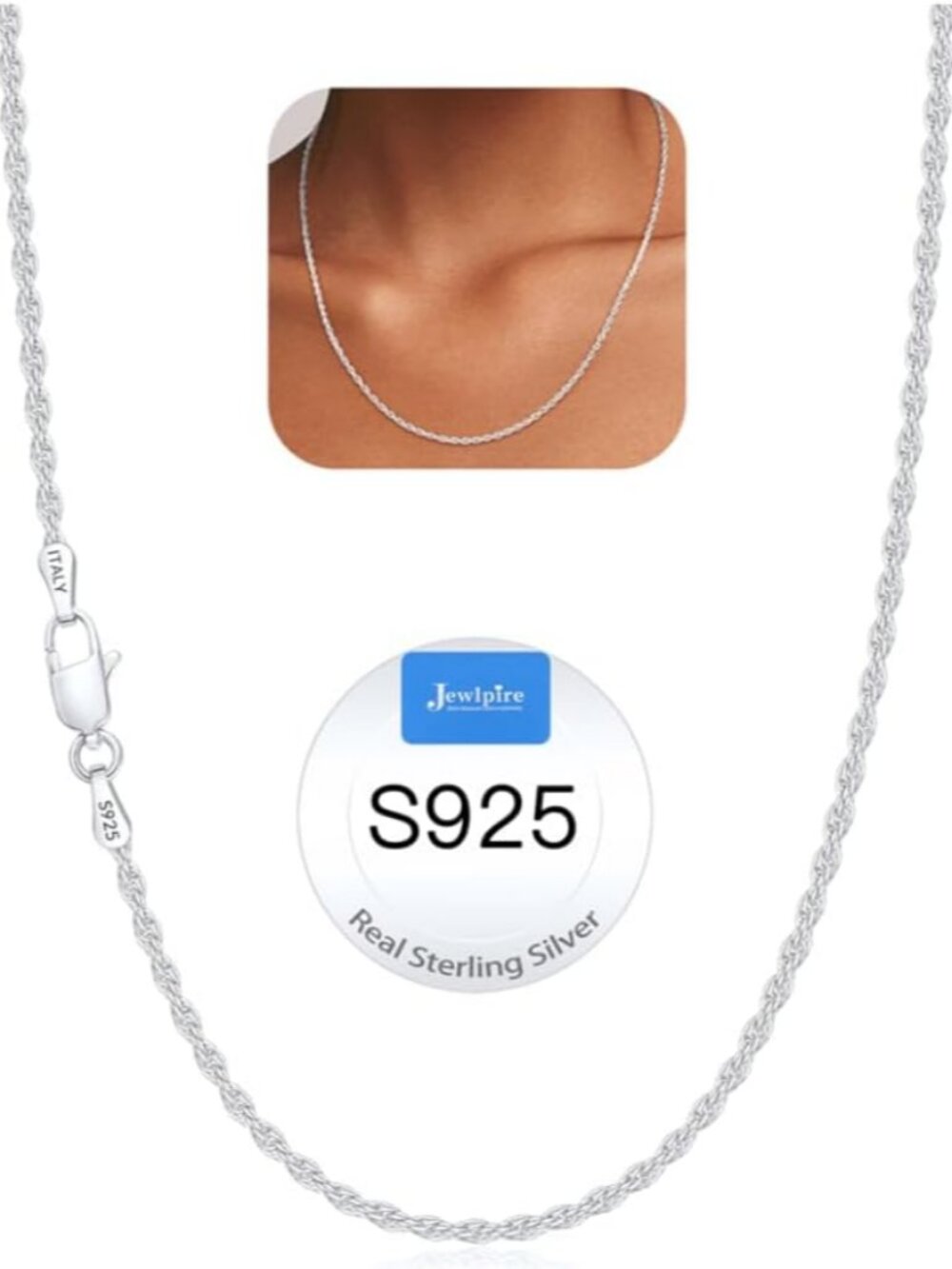 2mm Rope Chain 925 Sterling Silver Chain Necklace for Women, 14K Gold Plated Cha